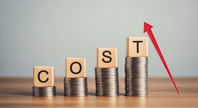 Increasing cost concept with rising arrow and stacked coins
