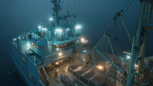Aerial view of the illuminated deck of a fishing trawler ship at night.