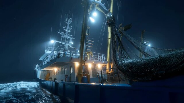 Illuminated deck of a commercial fishing trawler vessel at dark night.