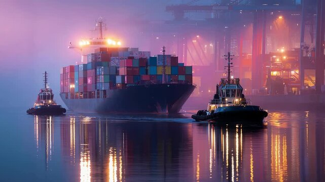 A container ship is guided by tugboats in a foggy harbor at beautiful dawn.