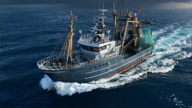 A commercial fishing trawler vessel navigates through a dark rough ocean.