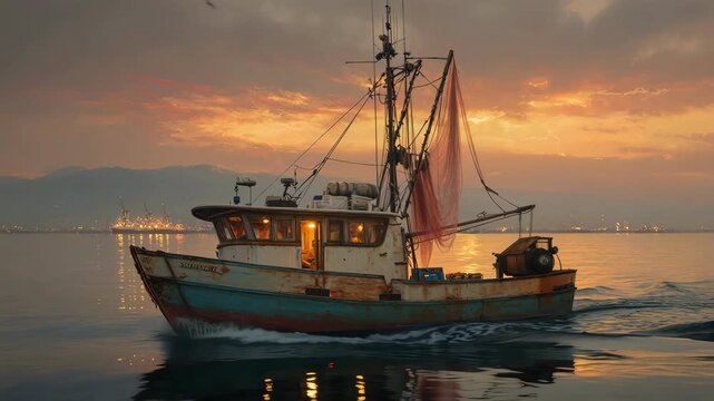 Traditional fishing boat sailing on calm sea at golden sunset