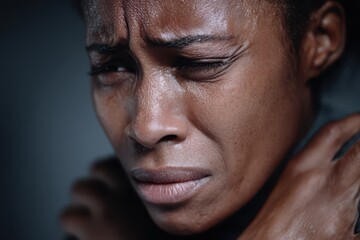 Obraz premium Close-up of a stressed African American woman expressing strong emotion, highlighting her struggle and capturing the raw intensity of her tearful moment.