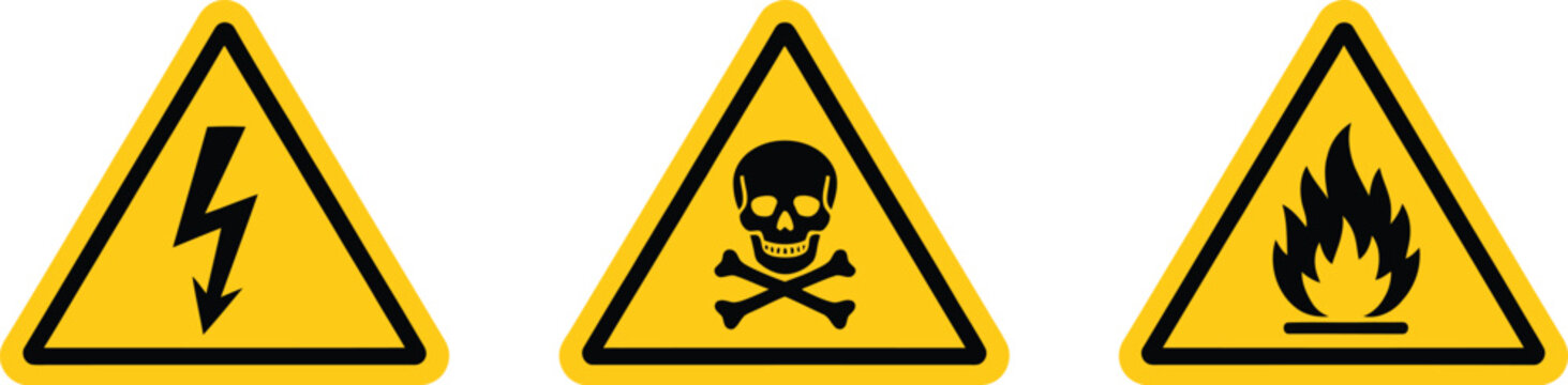 Hazard Warning Triangle Icons &ndash; Electrical, Toxic and Flammable Danger Signs Vector