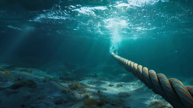 Massive underwater cable laying on the ocean floor in clear water
