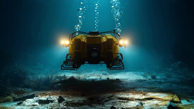 Autonomous underwater vehicle exploring the dark ocean floor with lights