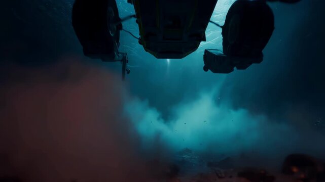 Autonomous underwater vehicle exploring the dark ocean floor with lights