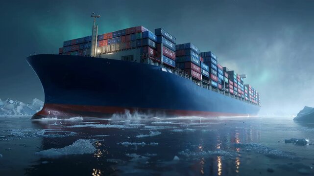 Large container ship sailing through icy waters with northern lights