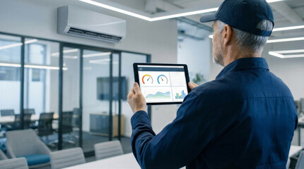Obraz premium Technician using tablet to monitor air conditioning system performance in modern office building interior