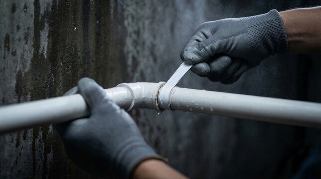Plumber hands in gloves repairing white pipe with sealing tape, maintenance and plumbing service concept
