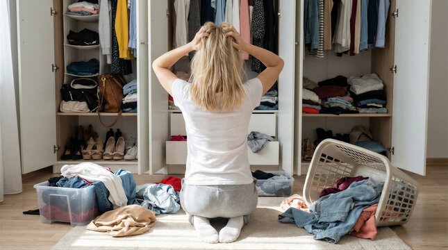Stressed woman looking at messy closet full of clothes with laundry baskets on the floor at home