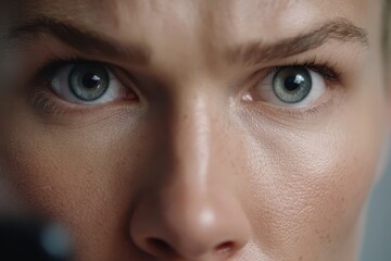 Fototapeta premium A close-up portrait of a woman's face, showcasing her striking blue eyes and intense gaze, with fine skin texture and detail emphasized, showing a modern aesthetic.