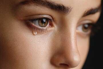 Fototapeta premium Close-up of a woman's face with a single tear rolling down her cheek, expressing sadness, emotions, and deep feelings, with a focus on the eye and delicate skin texture.