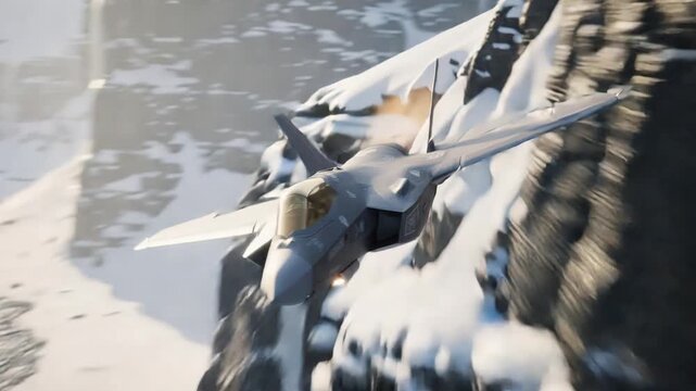 Stealth fighter swiftly traversing icy gorge with intense low pass