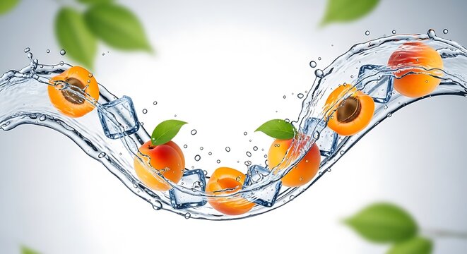 Apricots suspended mid-air within a wave of crystal clear water, ice cubes, and leaves