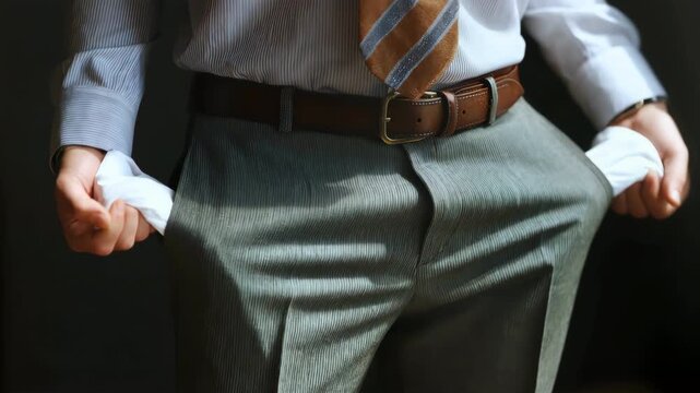 Professional man showing empty pockets in striped business suit