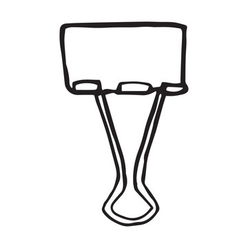Hand drawn binder clip sketch, large foldback clip with wire handles open position, office stationery supply icon, bold line art black ink isolated on white background