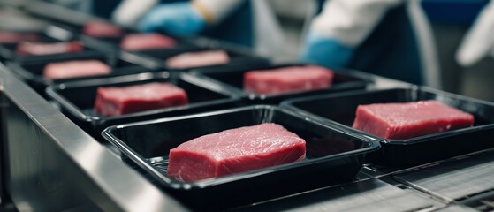 Beef steaks are being placed into black trays on a busy processing line in a food production facility