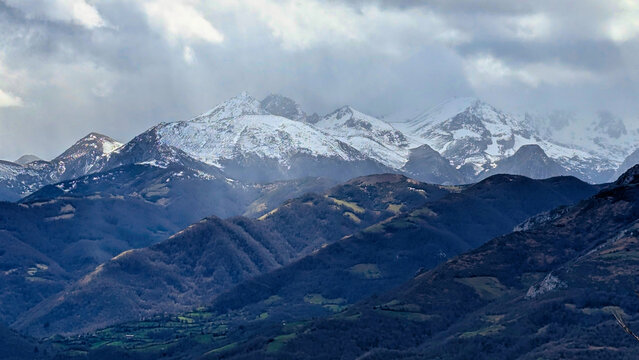 Ubi&ntilde;as mountain range with some snow on the peaks, Lena, Asturias, Spain