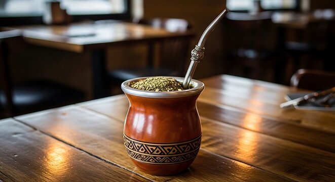 A traditional Argentine mate on a wooden table in a cozy cafe setting