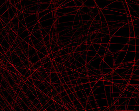 Dynamic chaotic red lines on deep black background forming complex random structure and energetic motion. Abstract flowing curves create intense visual tension and modern digital texture. 