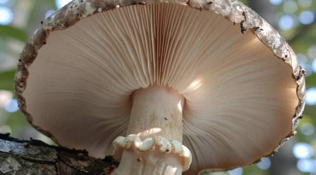 Underside of large wild mushroom cap showing white gills and stem with ring closeup in forest