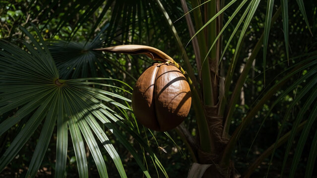 Exotic Coco de Mer fruit hanging from a palm tree amidst lush green foliage creating a tropical