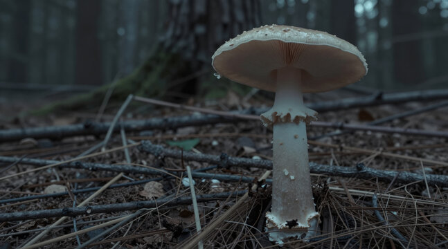 White Amanita mushroom with skirt growing on dark moody forest floor among twigs and pine needles