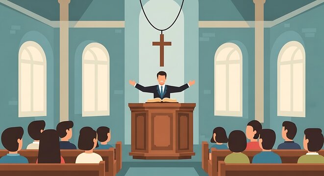 Cartoon illustration of a preacher speaking to a congregation inside a church