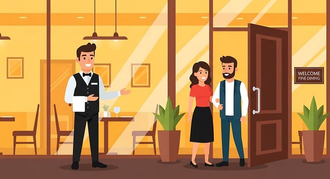 Cartoon illustration of a restaurant scene, a waiter welcoming a couple inside