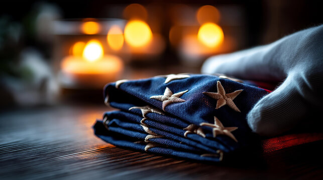 Close up of a folded triangular flag with crisp starched creases and visible star field section resting on a dark polished wooden surface white gloved fingertips at the edge
