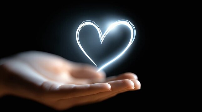 Glowing light heart drawing in hand