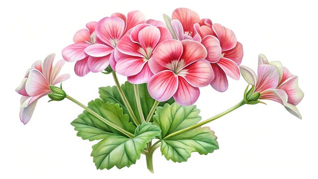 Beautiful pink geranium flowers in a detailed watercolor painting on white background