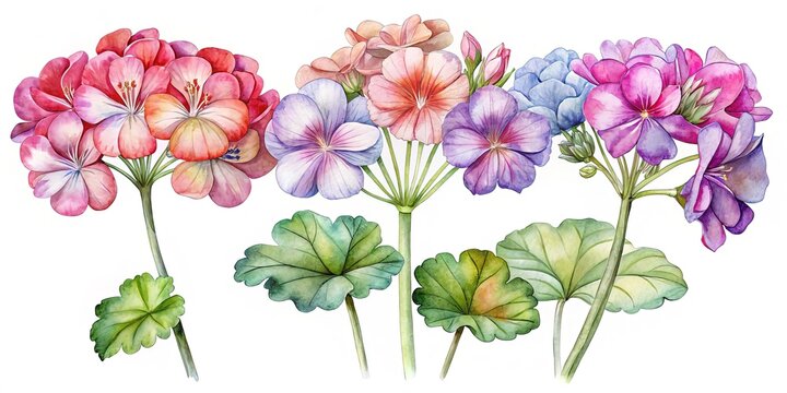 Watercolor Illustration of Beautiful Geranium Flowers in Shades of Pink, Purple, and Blue