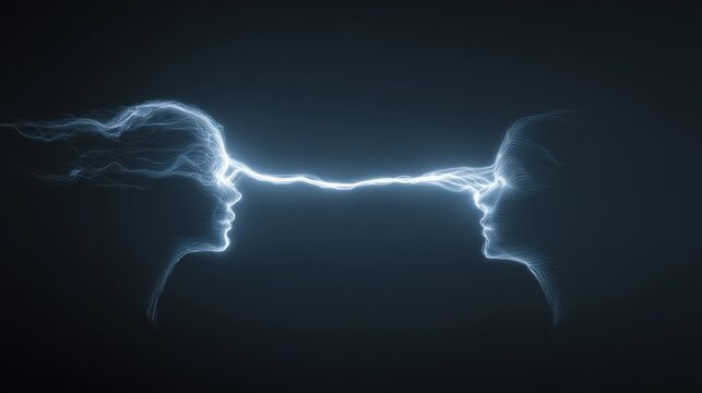 The scene shows two heads facing each other with a glowing line connecting them.