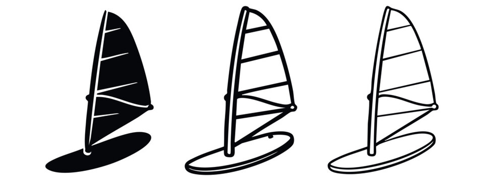 Windsurf Sail and Board Icons Set, Water Sport Equipment Pictograms