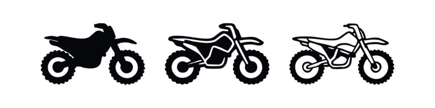Motocross Dirt Bike Icons, Extreme Off-Road Motorcycle Pictograms
