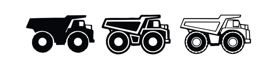 Heavy mining dump truck vector icons in solid, outlined silhouette, and line art styles, isolated on white background. © liubomir118809