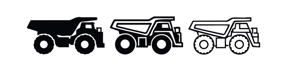 Large mining dump truck vector icons presented in solid, outlined silhouette, and line art styles, isolated on white background. © liubomir118809