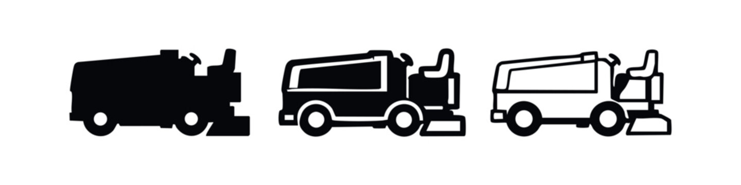Ice Resurfacer Vehicle Icons: Zamboni-style Machine Silhouette and Outline Vector Set