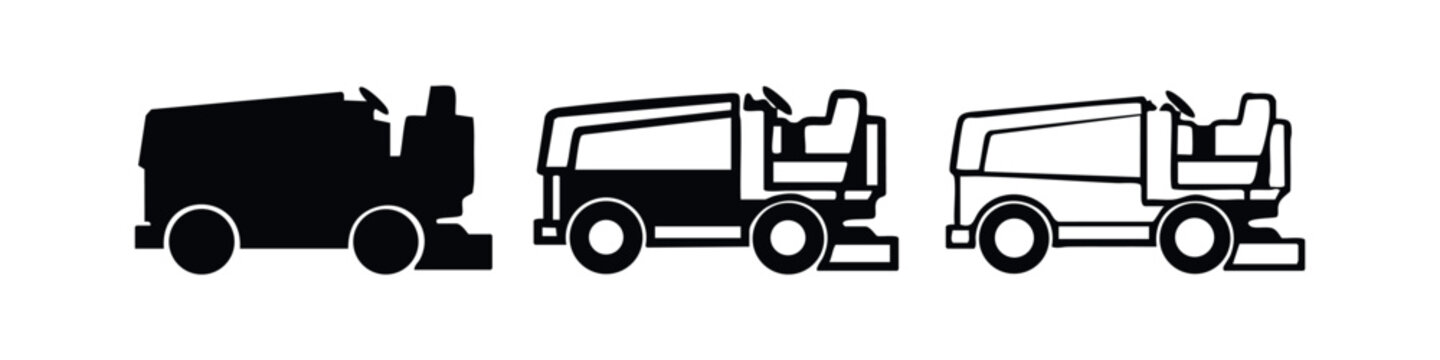 Ice resurfacer or Zamboni machine vector icons in solid, outlined silhouette, and outline styles, isolated on white background.