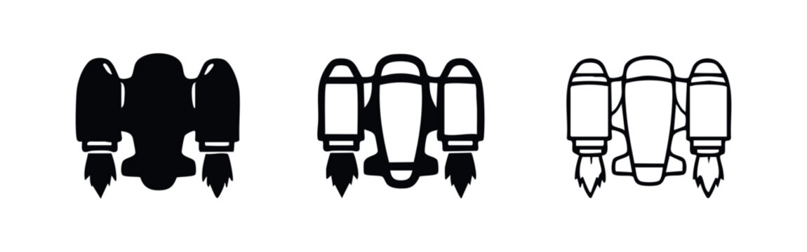 Jetpack Icons: Personal Rocket Propulsion Silhouette and Outline Vector Set for Future Technology