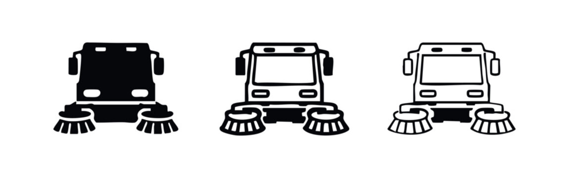 Street sweeper truck icon set in solid, filled outline, and outline styles, front view for urban cleaning.