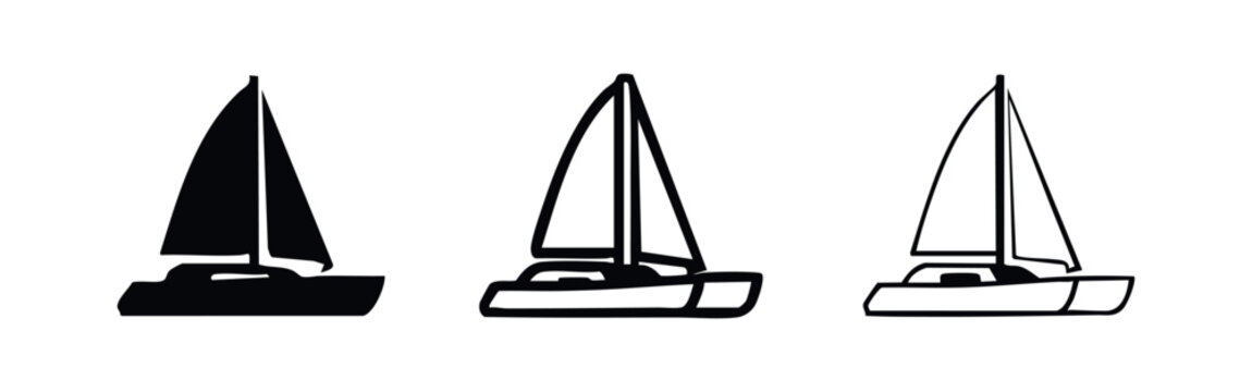 Sailboat icon set in solid, filled outline, and outline styles, featuring a classic monohull design for maritime themes.