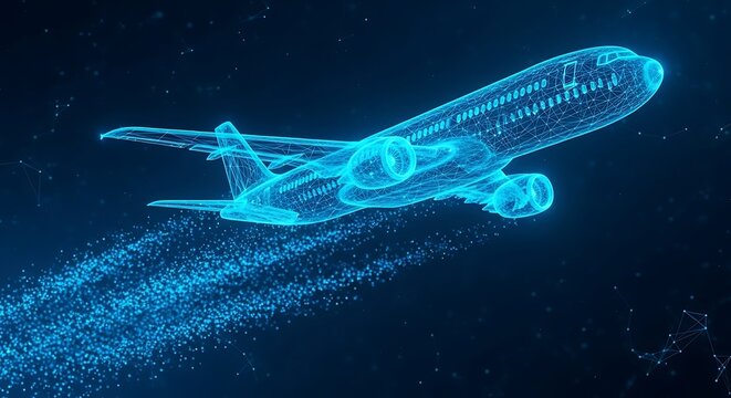 Digital wireframe airplane flying through dark space with glowing blue particles and data stream connectivity lines concept