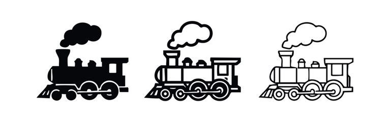Steam Locomotive Icons Set - Classic Train Engine Silhouettes and Outline Styles with Smoke, Vector Art © liubomir118809