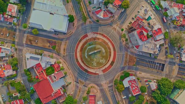 Top-down aerial drone view of Minerva roundabout and fountain in Guadalajara, Mexico