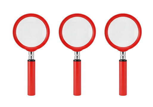three red magnifying glasses for investigation isolated on transparent background