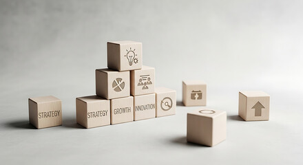 Fototapeta premium Wooden blocks with business icons on gray background