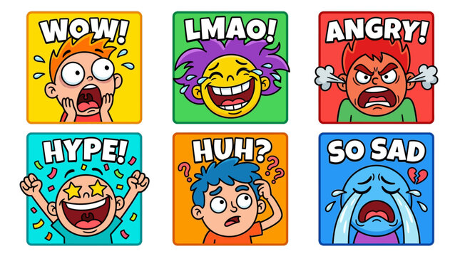 Emotions faces with text expressions.